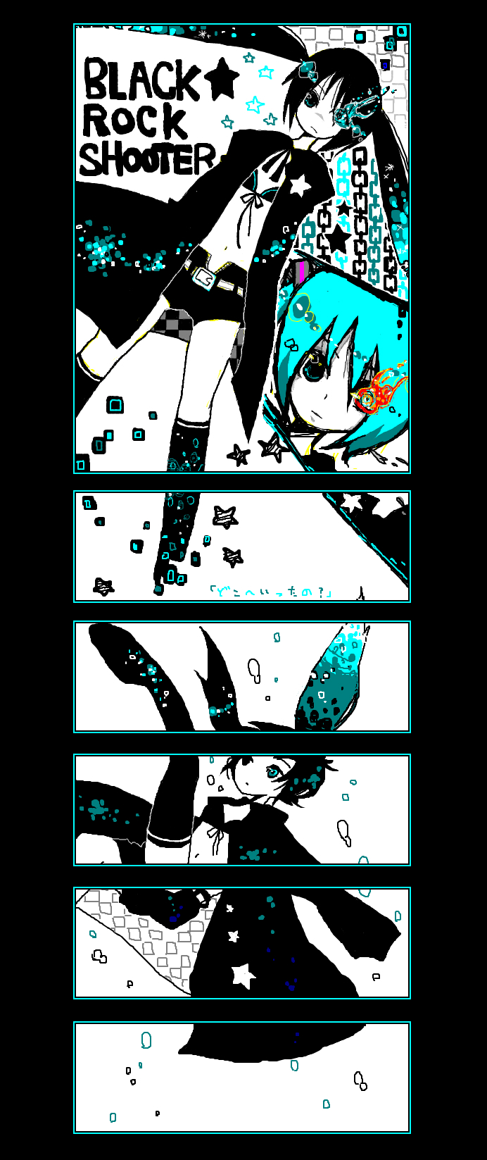 hatsune miku and black rock shooter (vocaloid and 1 more) drawn by higashi_(azm)