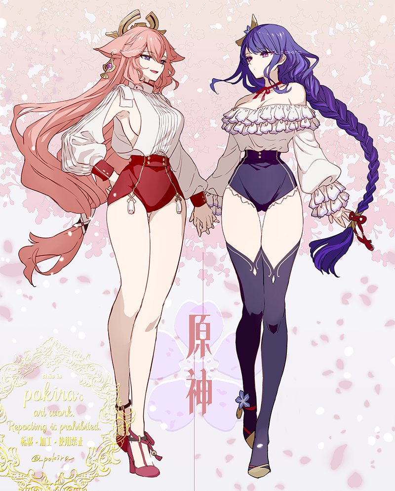 raiden shogun and yae miko (genshin impact) drawn by pokira