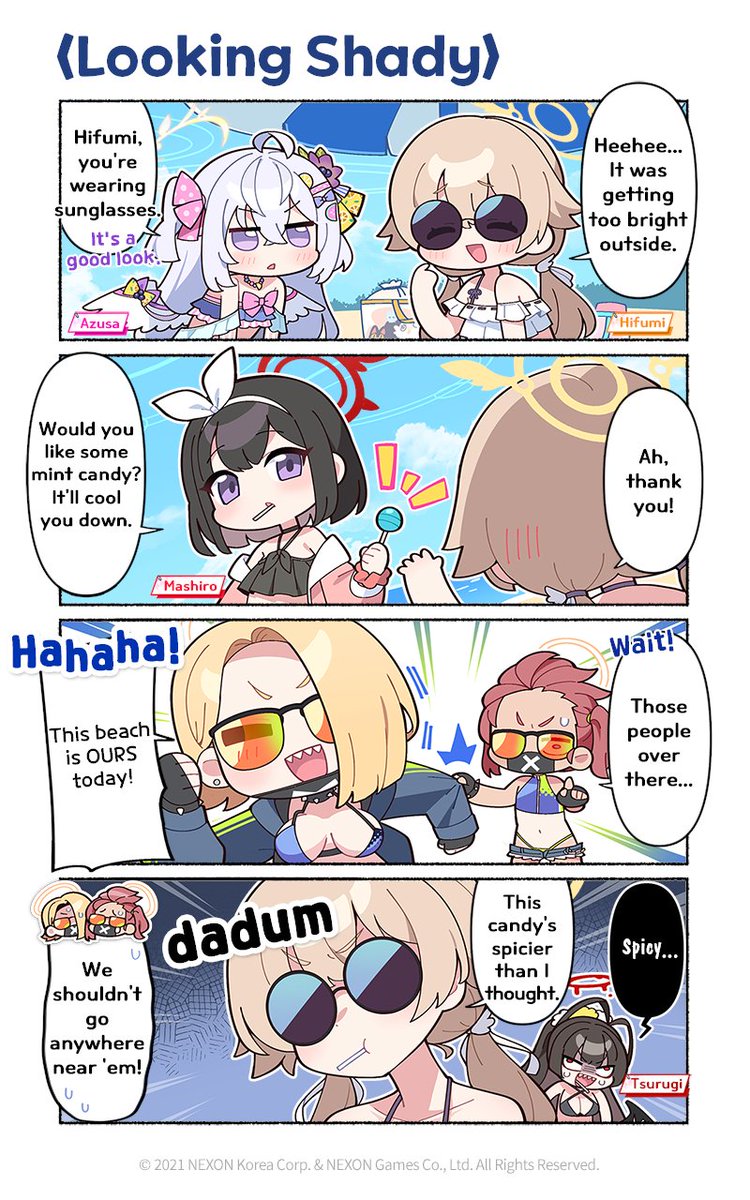 hifumi, azusa, tsurugi, mashiro, and seaside sukeban (blue archive) drawn by donmin_h