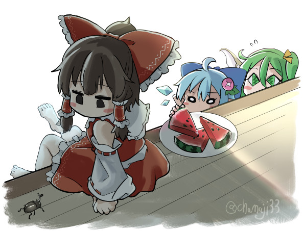 hakurei reimu, cirno, daiyousei, and tanned cirno (touhou) drawn by chamaji