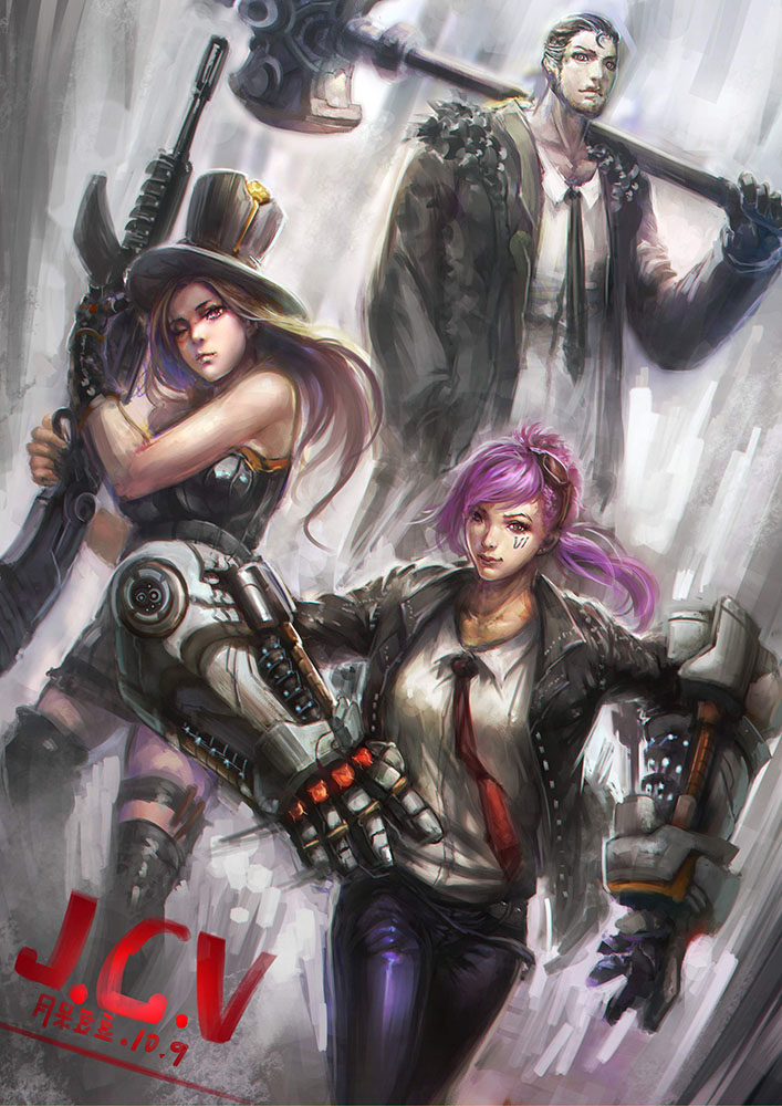 vi, caitlyn, and jayce (league of legends) drawn by radsquid