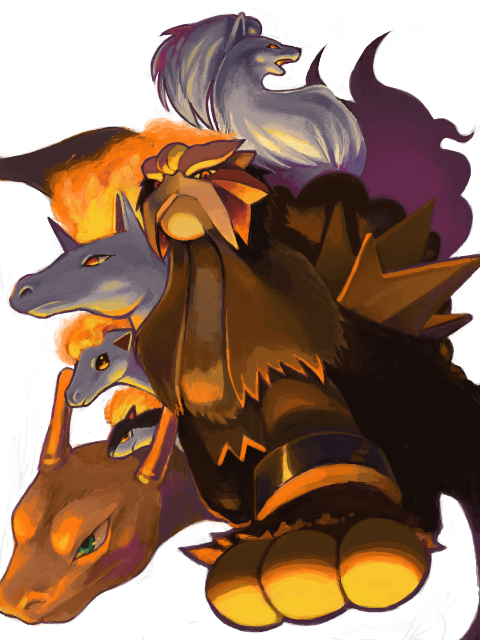 charizard, arcanine, ninetales, quilava, entei, and 2 more (pokemon) drawn by moiko