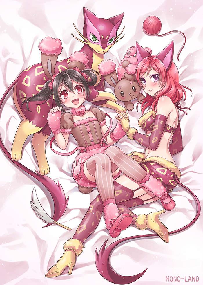 nishikino maki, yazawa nico, buneary, and liepard (pokemon and 3 more) drawn by mono_land