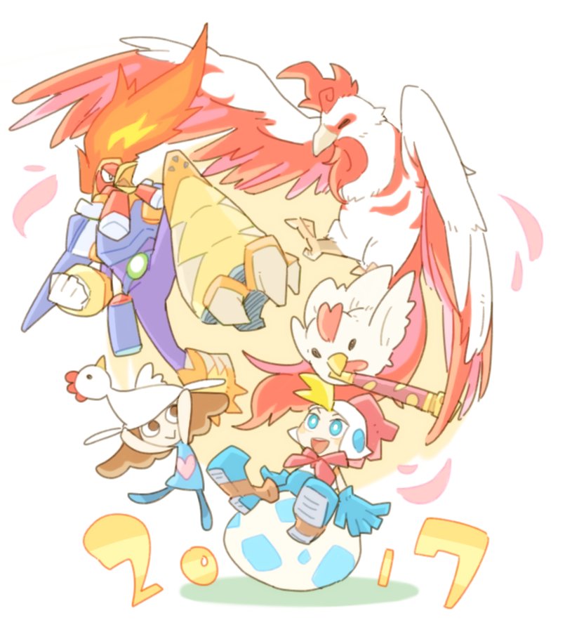 moegami, billy hatcher, moegami's child, and burn rooster (mega man and 5 more) drawn by ziro_(daydozen)