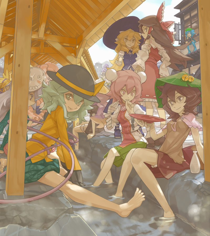 hakurei reimu, kirisame marisa, komeiji koishi, kawashiro nitori, hijiri byakuren, and 7 more (touhou and 1 more) drawn by teke_(exploration)