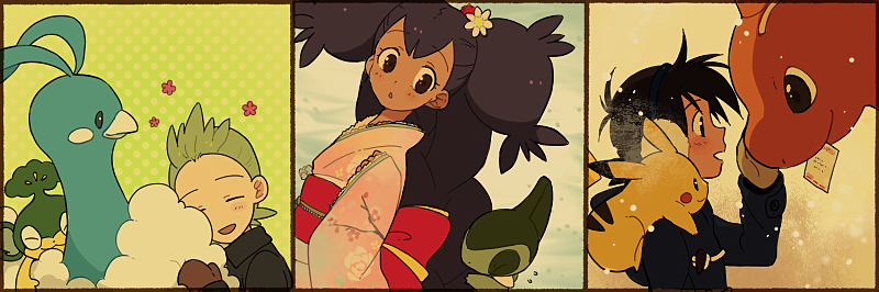 pikachu, ash ketchum, iris, altaria, dragonite, and 3 more (pokemon and 1 more) drawn by ochappa
