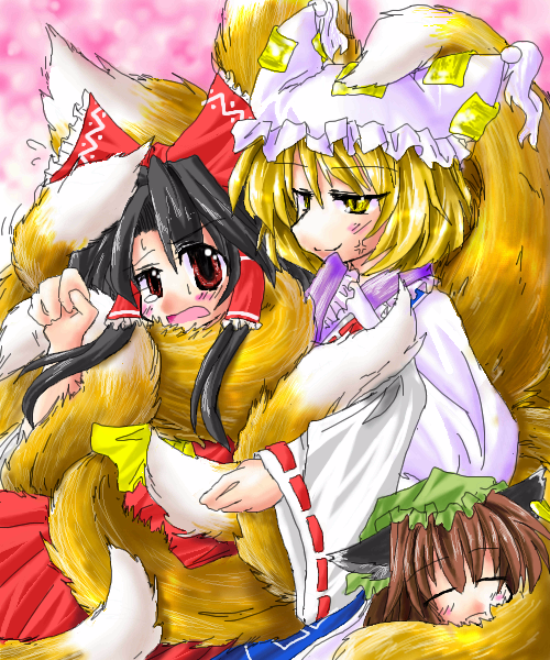hakurei reimu, yakumo ran, and chen (touhou) drawn by mumumu