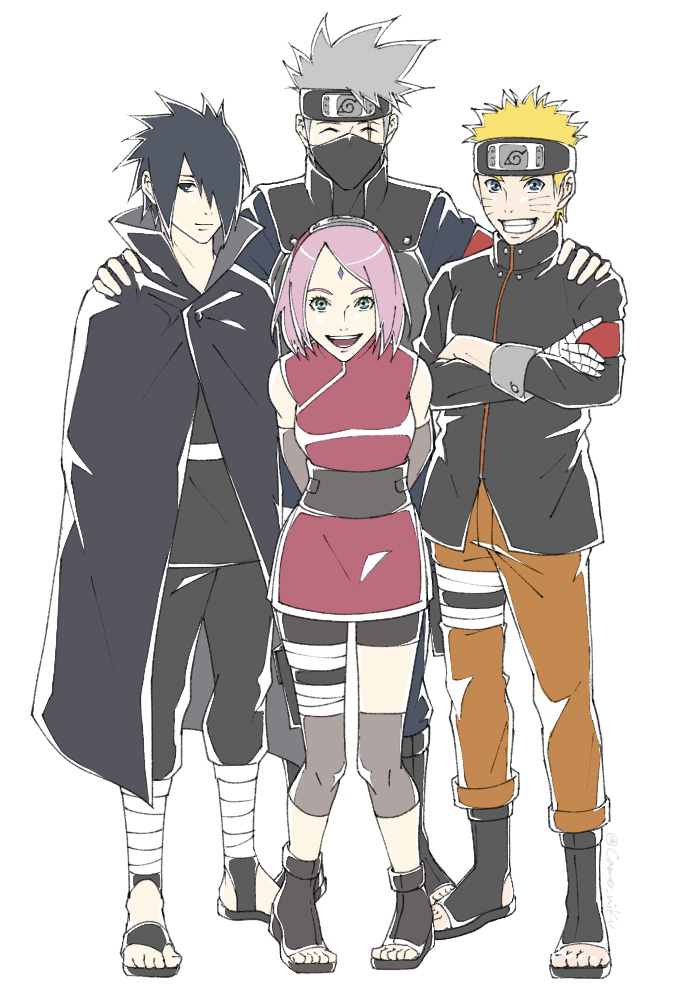haruno sakura, uzumaki naruto, uchiha sasuke, and hatake kakashi (naruto and 1 more) drawn by camo_niku