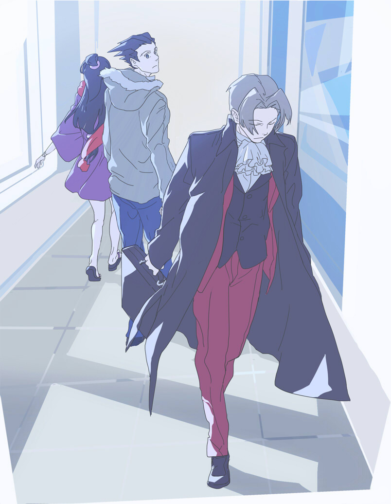 phoenix wright, miles edgeworth, and maya fey (ace attorney) drawn by kazune_(baumkuchen)