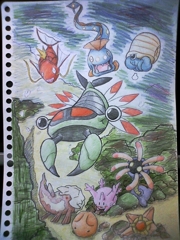 magikarp, staryu, corsola, omanyte, kabuto, and 4 more (pokemon) drawn by ebifly_(dokudoku)