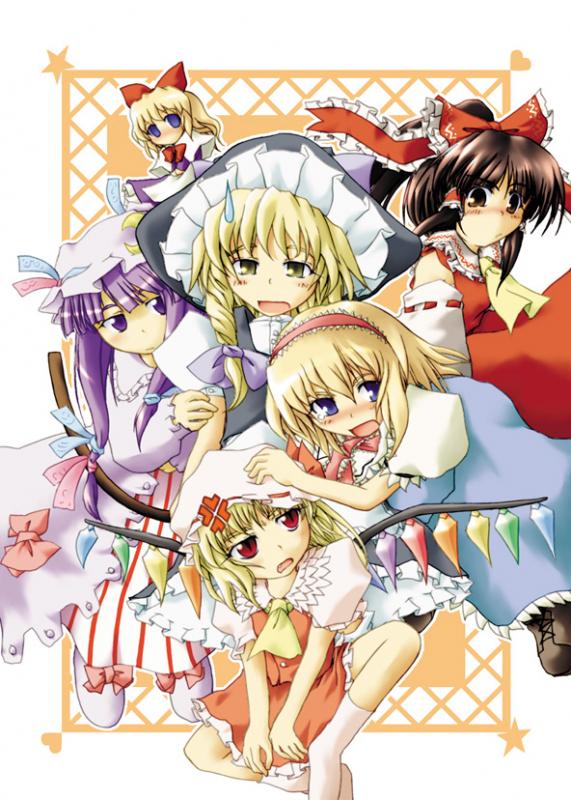 hakurei reimu, kirisame marisa, flandre scarlet, alice margatroid, patchouli knowledge, and 1 more (touhou) drawn by paji