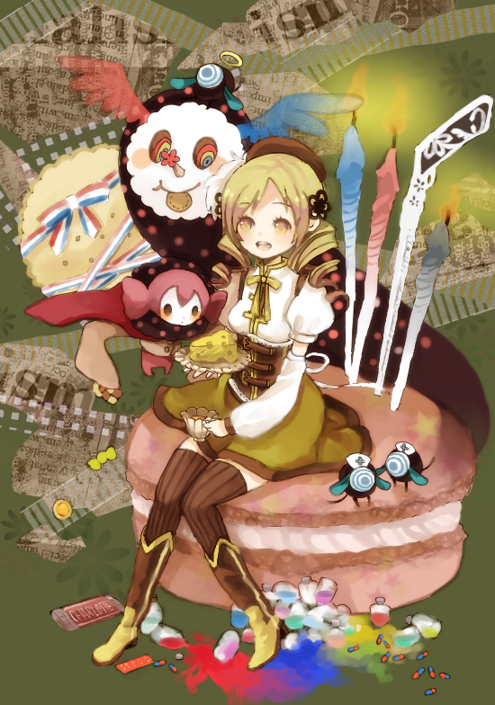 tomoe mami, charlotte, and pyotr (mahou shoujo madoka magica) drawn by toratama_kosuzu