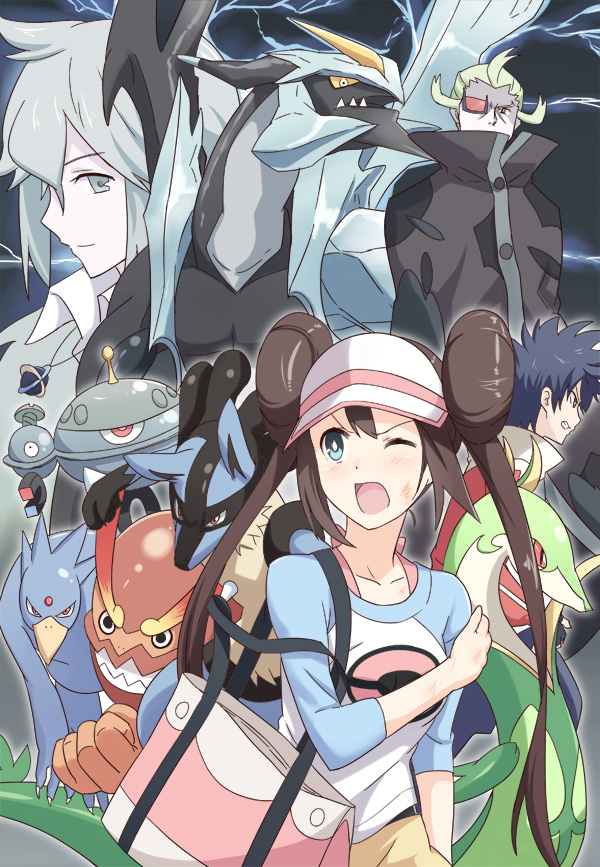 rosa, lucario, n, serperior, hugh, and 6 more (pokemon and 1 more) drawn by hyakuen_raitaa