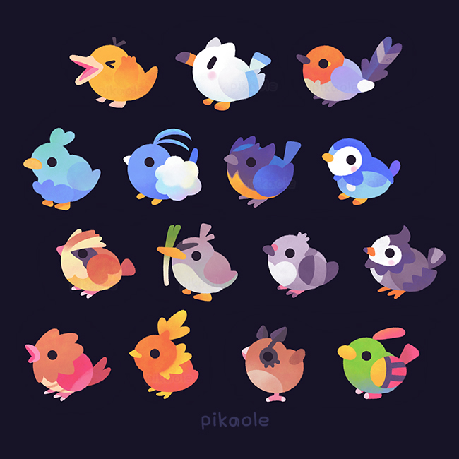 piplup, torchic, psyduck, wingull, swablu, and 10 more (pokemon) drawn by pikaole