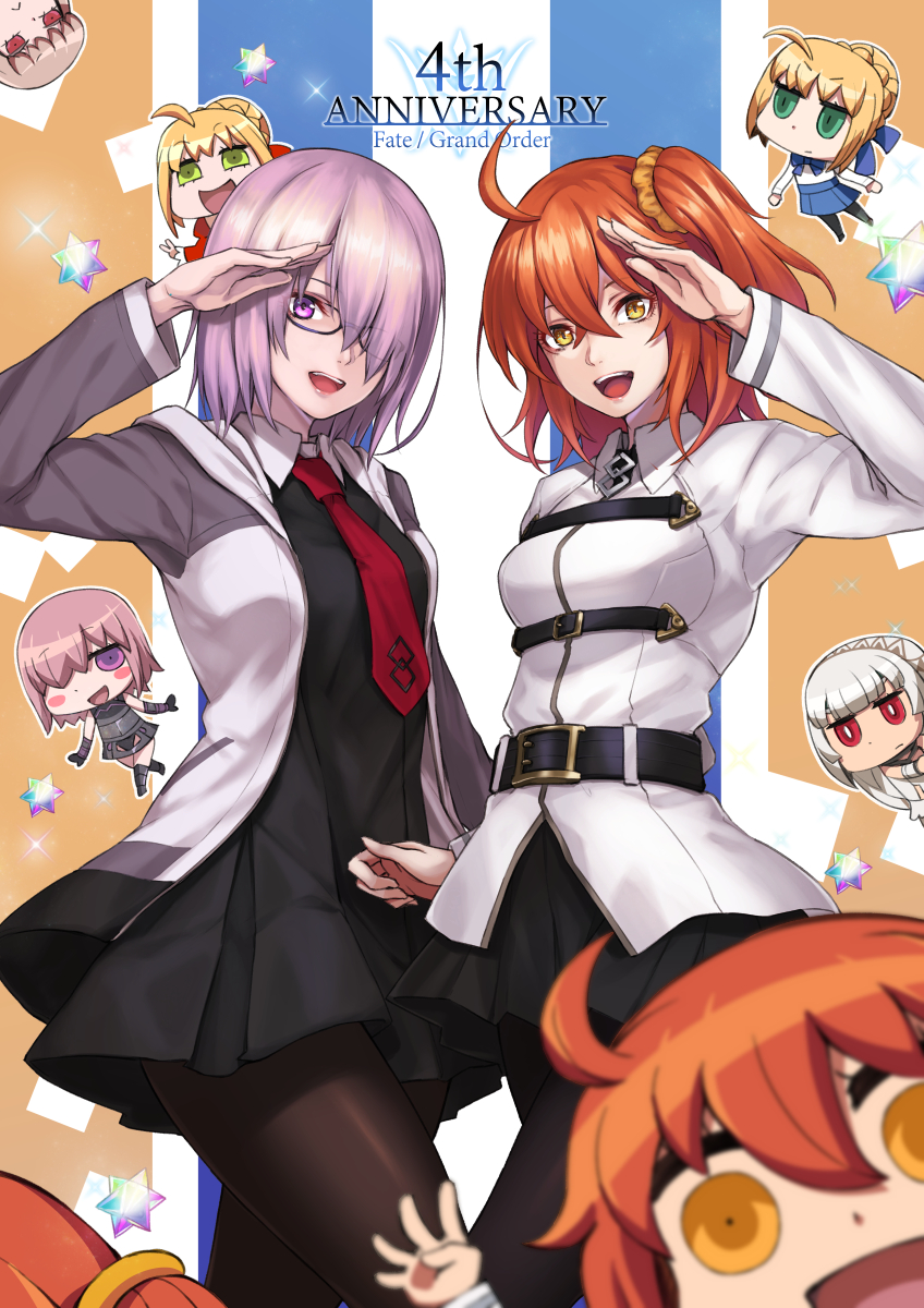 artoria pendragon, saber, mash kyrielight, fujimaru ritsuka, nero claudius, and 2 more (fate and 1 more) drawn by re_(re_09)