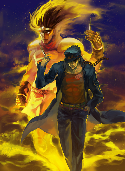 kujo jotaro and star platinum (jojo no kimyou na bouken and 1 more) drawn by oburaato