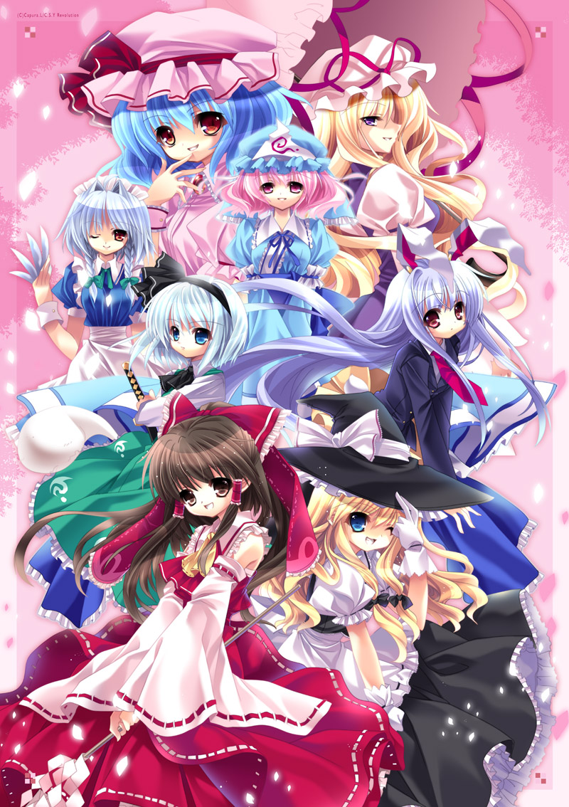 hakurei reimu, kirisame marisa, remilia scarlet, izayoi sakuya, konpaku youmu, and 3 more (touhou and 1 more) drawn by capura_lin