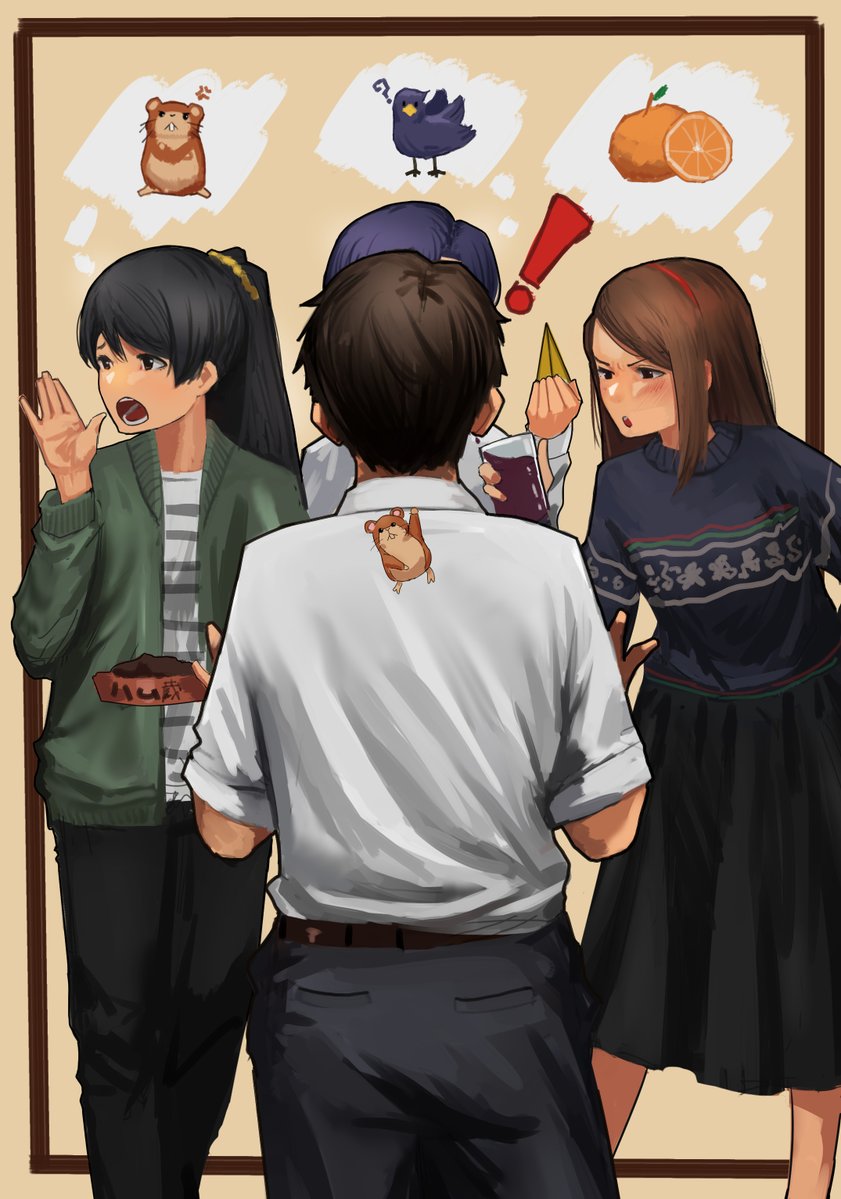 producer, kisaragi chihaya, minase iori, ganaha hibiki, and hamuzou (idolmaster) drawn by kuresaka