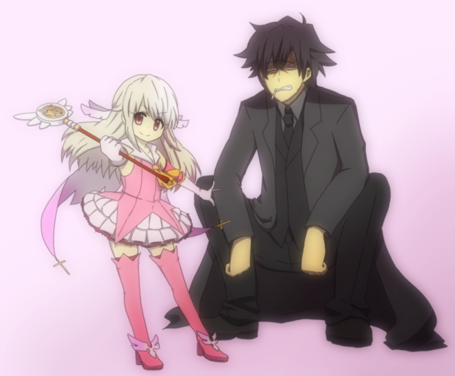 illyasviel von einzbern, emiya kiritsugu, prisma illya, and magical ruby (fate and 2 more) drawn by maroyakamaromaro