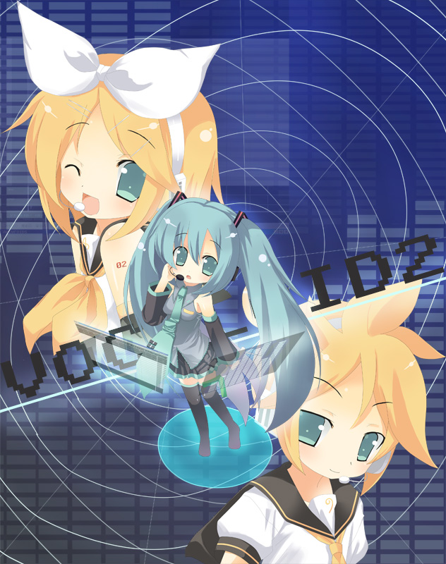 hatsune miku, kagamine rin, and kagamine len (vocaloid) drawn by omiso_(omiso)