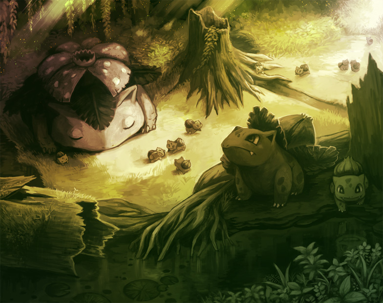 bulbasaur, ivysaur, and venusaur (pokemon) drawn by inumura_(inu_noya)