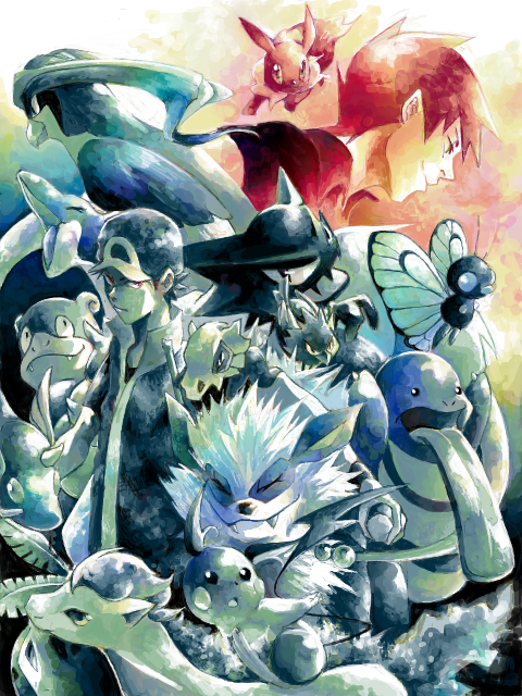 red, eevee, blue oak, raichu, lapras, and 12 more (pokemon and 1 more) drawn by hari_(atheos)