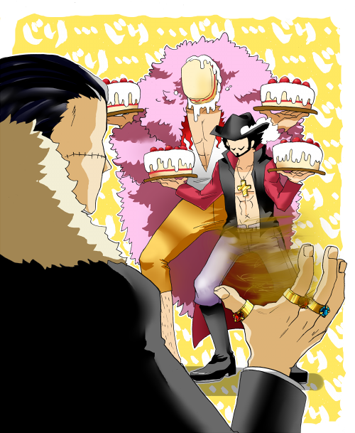 donquixote doflamingo, crocodile, and dracule mihawk (one piece) drawn by yui_(kari)