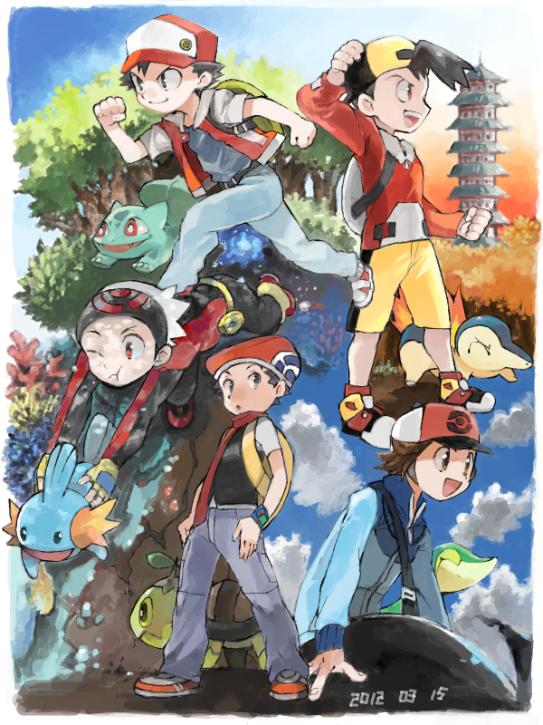red, ethan, hilbert, brendan, bulbasaur, and 5 more (pokemon and 5 more) drawn by tetsu_(teppei)