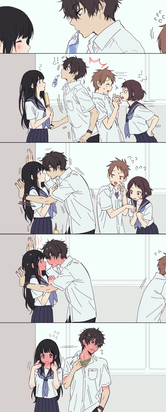 chitanda eru, oreki houtarou, ibara mayaka, and fukube satoshi (hyouka) drawn by mery_(yangmalgage)