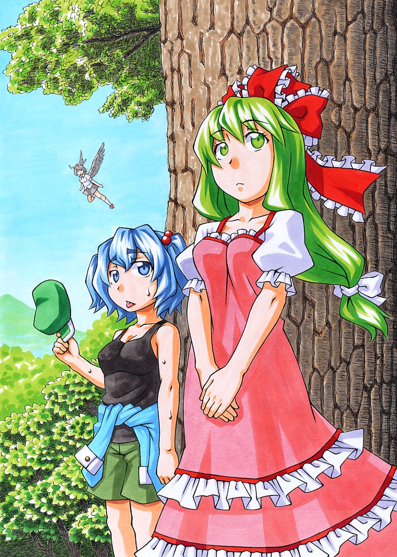 shameimaru aya, kawashiro nitori, and kagiyama hina (touhou) drawn by kawachi_koorogi