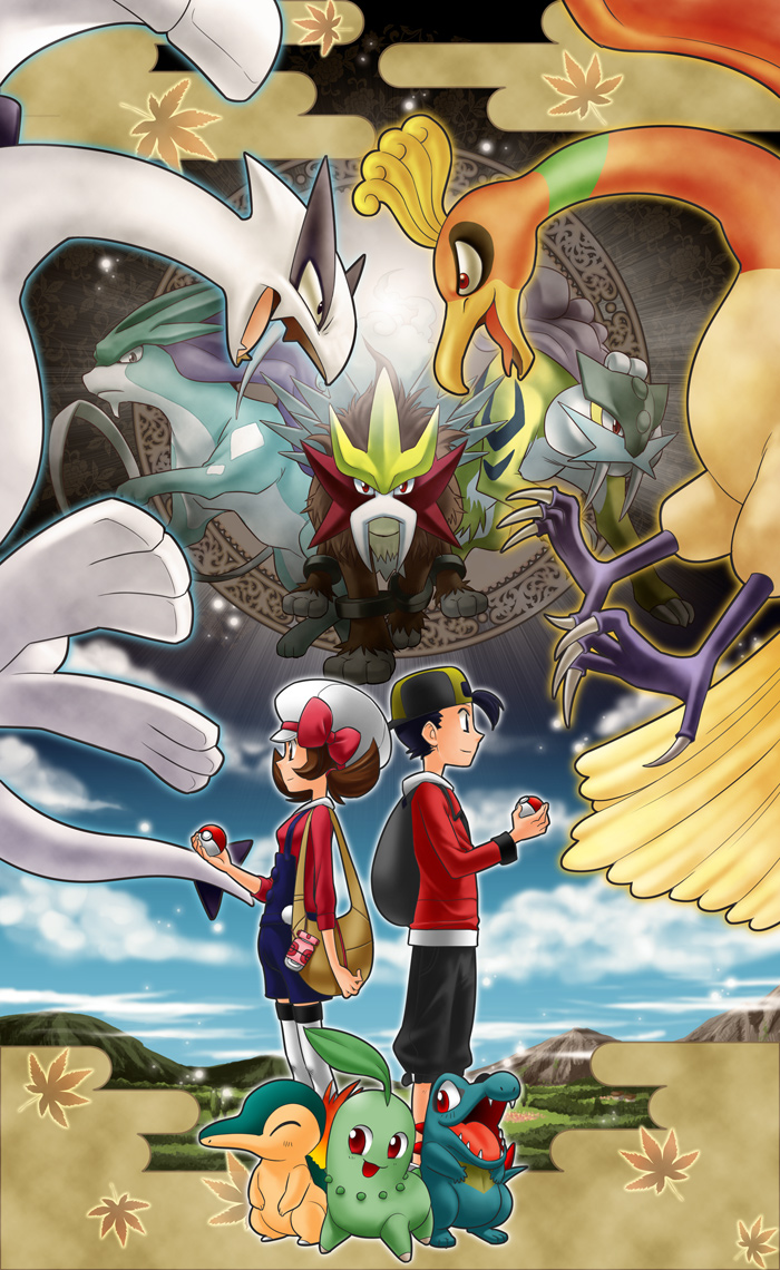 ethan, lyra, cyndaquil, chikorita, totodile, and 5 more (pokemon and 1 more) drawn by cojirooooo
