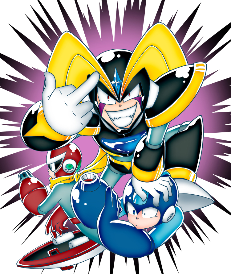mega man, proto man, and bass (mega man and 1 more) drawn by b_no_hito