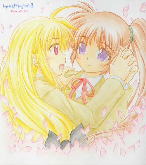 fate testarossa and takamachi nanoha (lyrical nanoha and 2 more) drawn by shinozuki_takumi