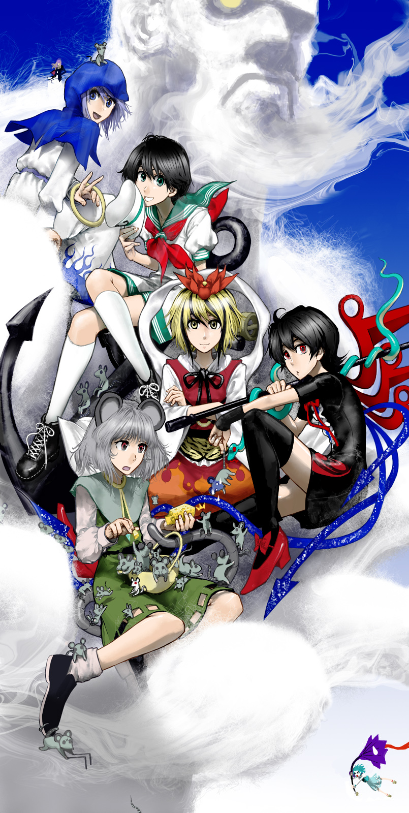 tatara kogasa, nazrin, hijiri byakuren, houjuu nue, toramaru shou, and 3 more (touhou and 1 more) drawn by umami_(sakeikura)