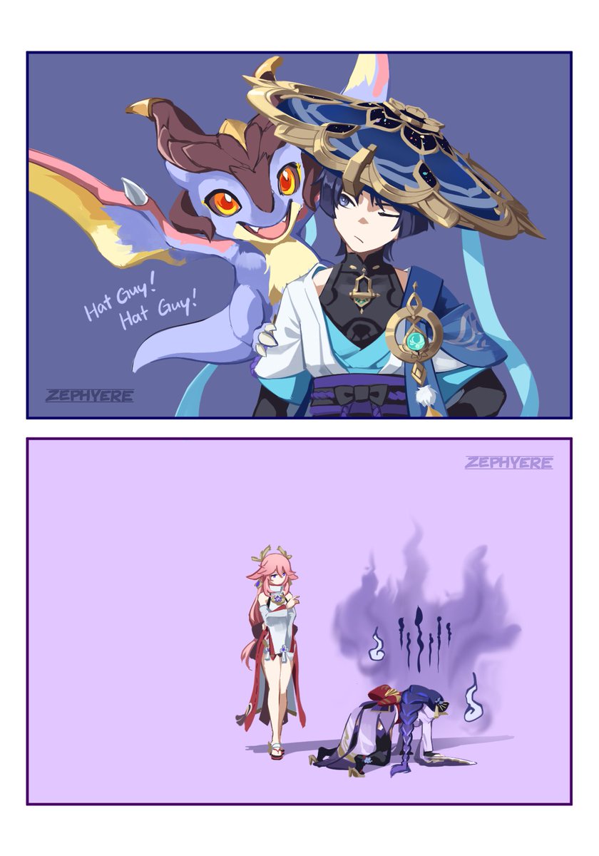 raiden shogun, scaramouche, yae miko, wanderer, and mini durin (genshin impact) drawn by zephyere