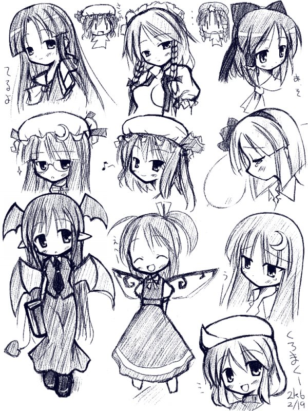 hakurei reimu, remilia scarlet, flandre scarlet, izayoi sakuya, konpaku youmu, and 6 more (touhou) drawn by mizuno_kurage