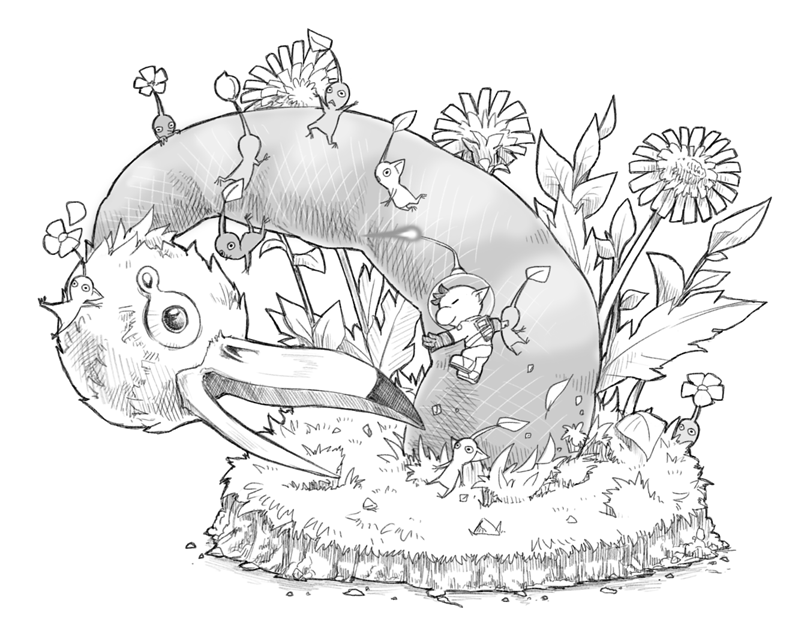 red pikmin, olimar, yellow pikmin, blue pikmin, and burrowing snagret (pikmin) drawn by naru_(wish_field)