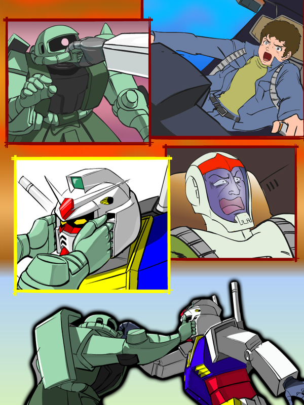 rx-78-2 gundam, amuro ray, zaku ii, and zaku ii f/j (gundam and 1 more) drawn by nippori_honsha