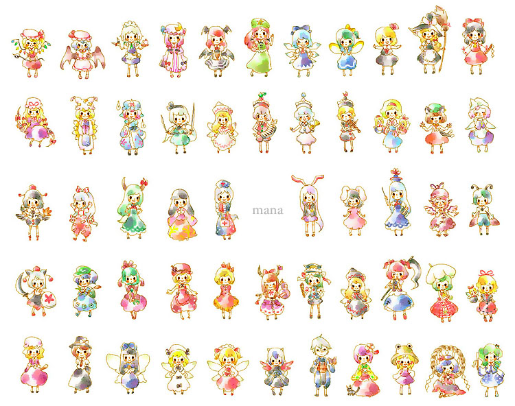 hakurei reimu, kirisame marisa, remilia scarlet, flandre scarlet, izayoi sakuya, and 50 more (touhou) drawn by mana_(artist)