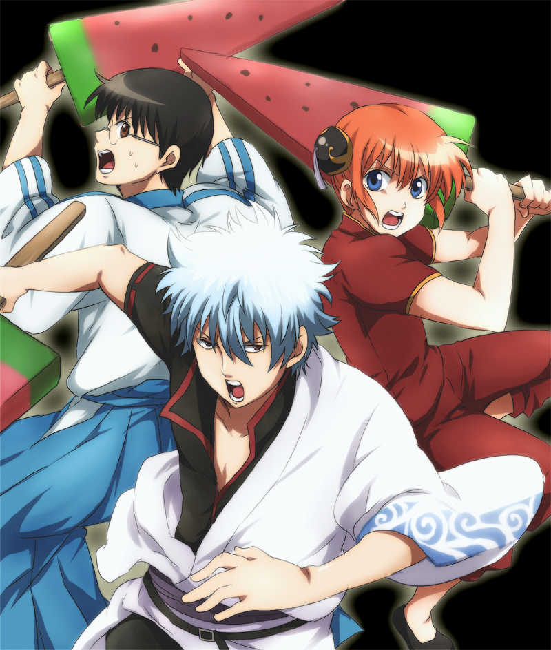 sakata gintoki, kagura, and shimura shinpachi (gintama) drawn by maruki_(punchiki)