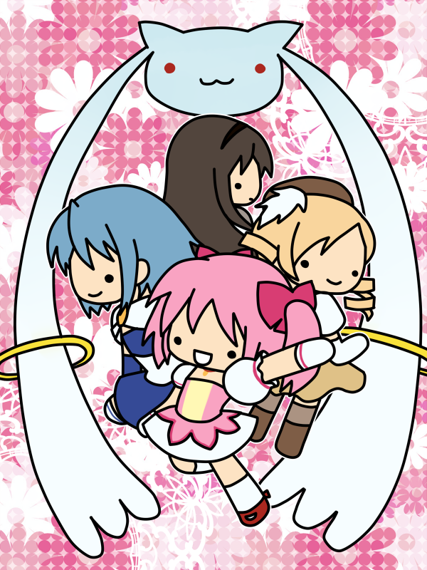 akemi homura, kaname madoka, miki sayaka, tomoe mami, and kyubey (mahou shoujo madoka magica) drawn by kashiwa_kiseri