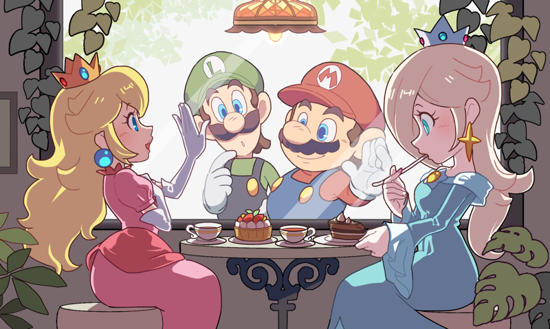 princess peach, mario, rosalina, and luigi (mario and 1 more) drawn by hoshikuzu_pan