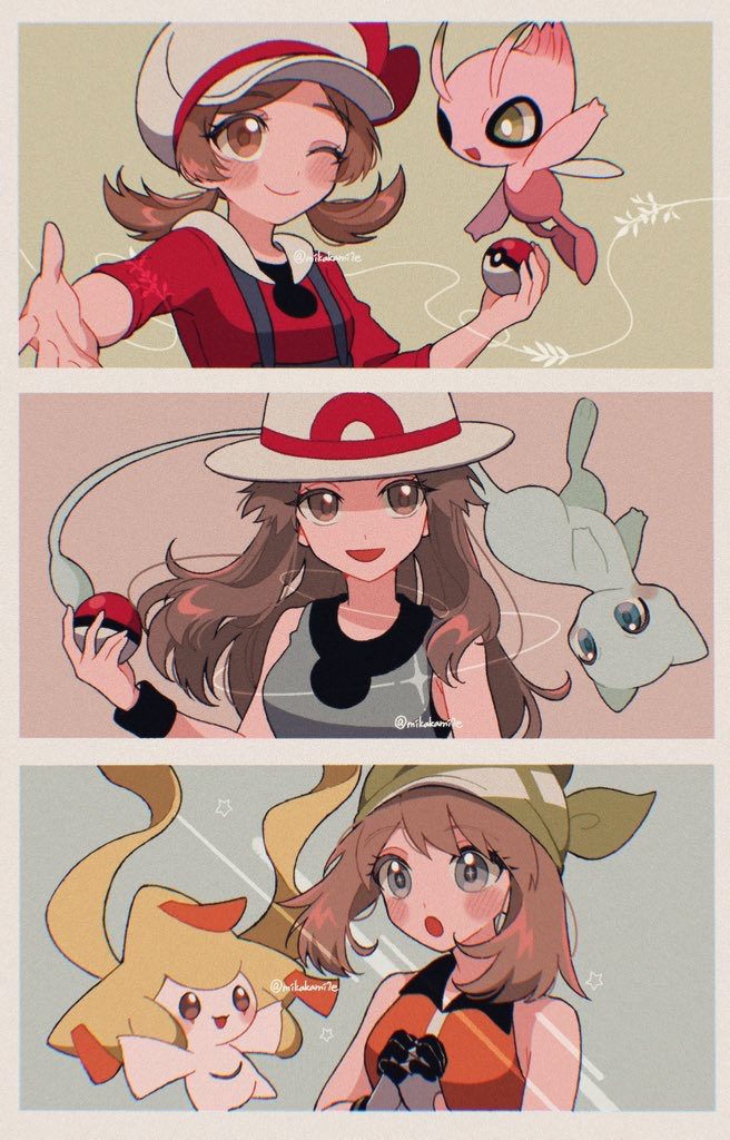 may, leaf, lyra, jirachi, mew, and 1 more (pokemon and 4 more) drawn by mikakami1e