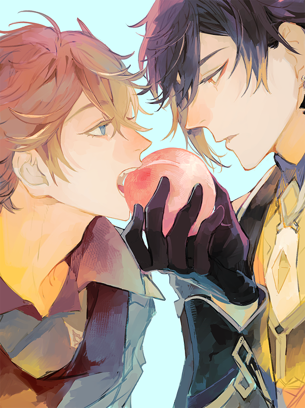zhongli and tartaglia (genshin impact) drawn by hohobukuro88
