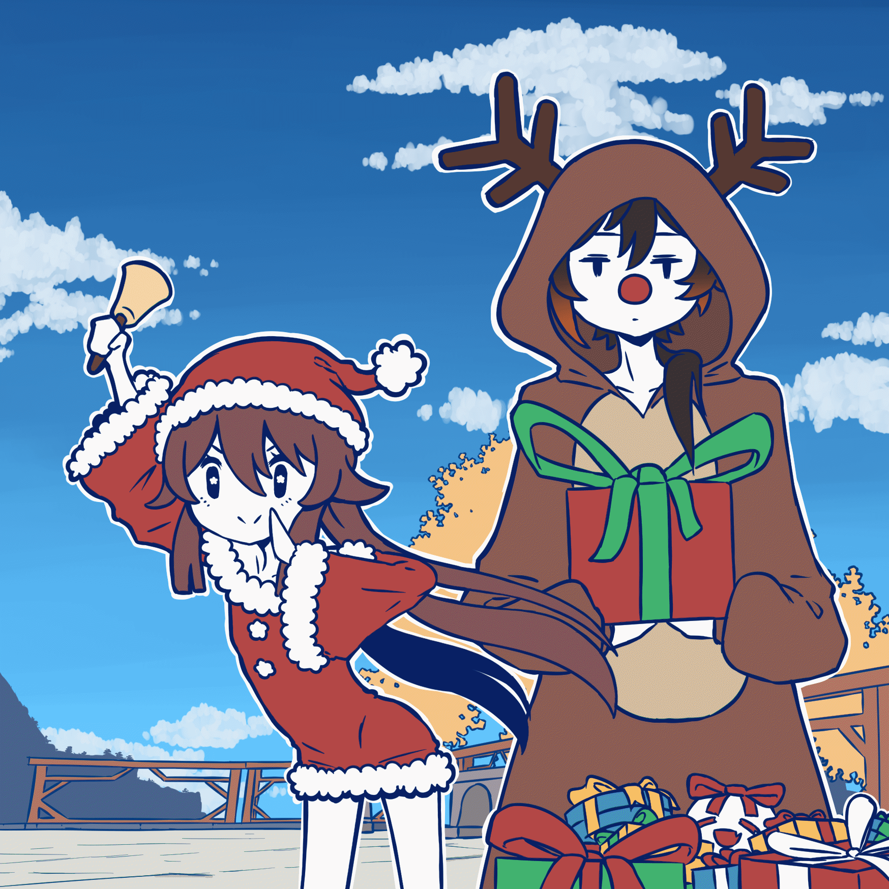 hu tao, zhongli, boo tao, and santa claus (genshin impact) drawn by greedydeviant