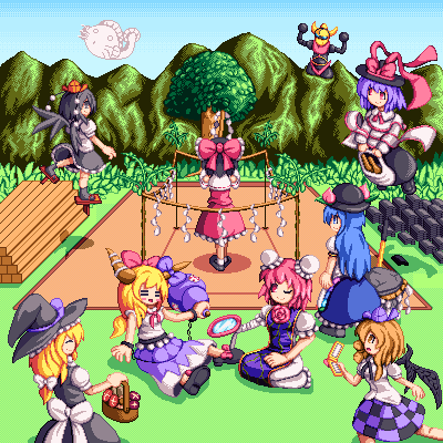 hakurei reimu, kirisame marisa, shameimaru aya, hinanawi tenshi, ibuki suika, and 6 more (touhou) drawn by kisasage_kouta