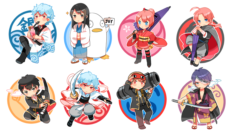 sakata gintoki, kagura, okita sougo, hijikata toushirou, takasugi shinsuke, and 2 more (gintama) drawn by getiao