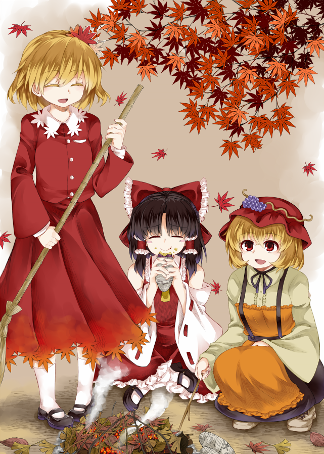 hakurei reimu, aki minoriko, and aki shizuha (touhou) drawn by zetsumame