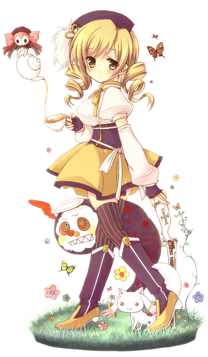 tomoe mami, kyubey, and charlotte (mahou shoujo madoka magica) drawn by miyata_(miyatami07)