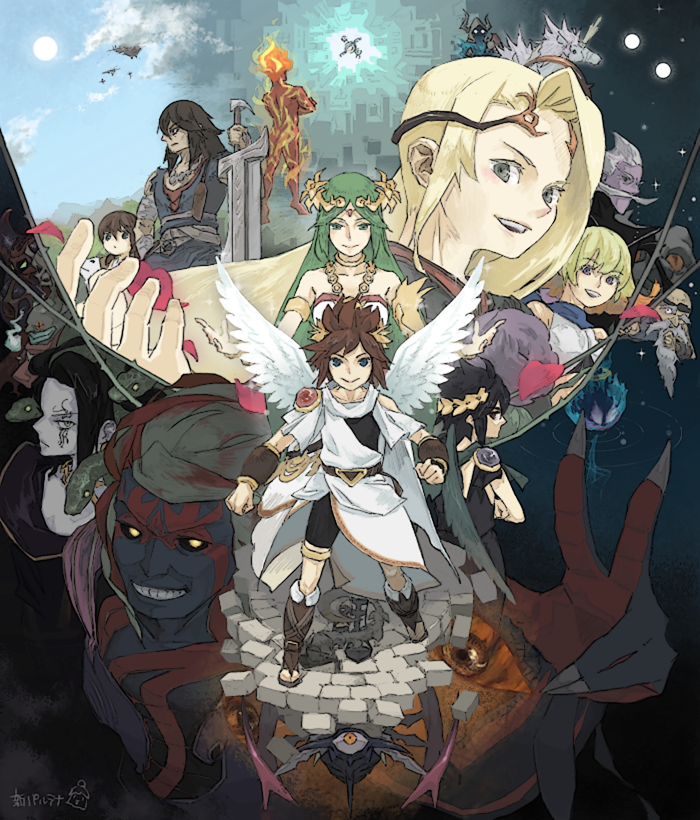 palutena, pit, dark pit, viridi, phosphora, and 15 more (kid icarus and 1 more) drawn by kusa0093